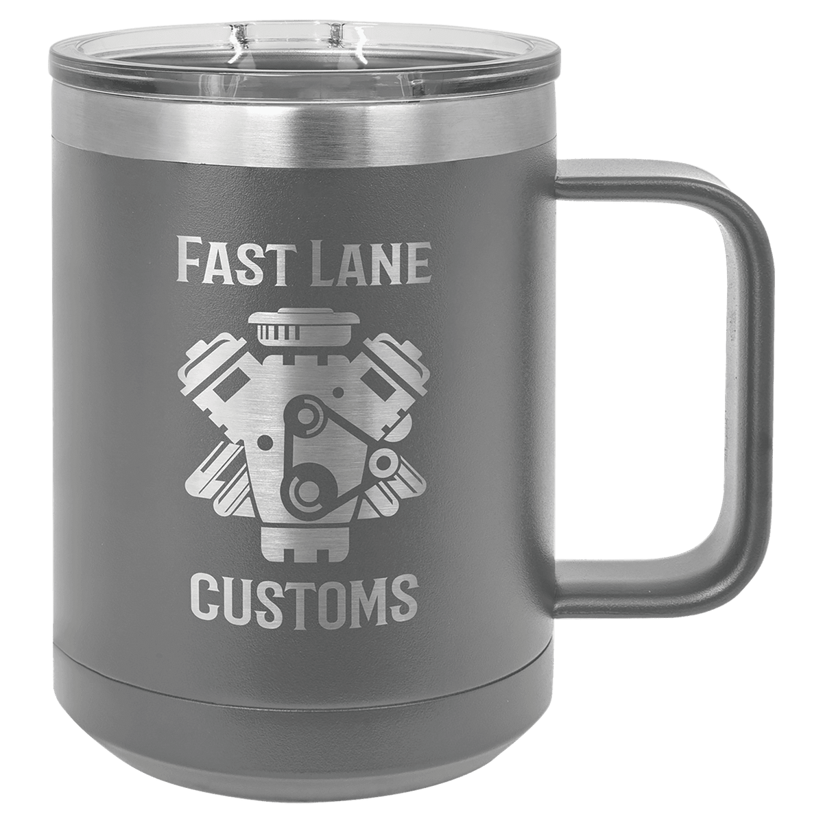 Dark gray powder-coated 15 oz. insulated coffee mug with a handle, stainless steel rim and clear slider lid, shown with a sample engraving