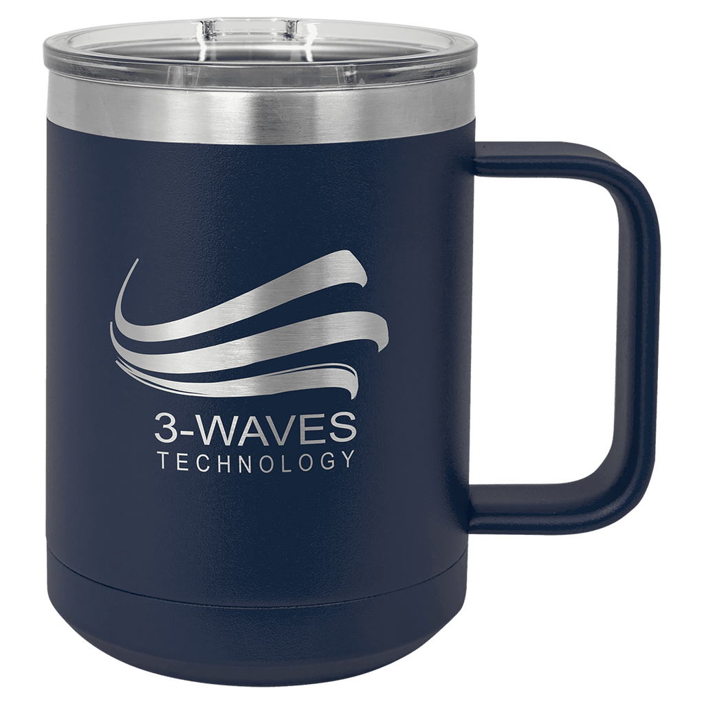 Navy blue powder-coated 15 oz. insulated coffee mug with a handle, stainless steel rim and clear slider lid, shown with a sample engraving
