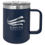 Navy blue powder-coated 15 oz. insulated coffee mug with a handle, stainless steel rim and clear slider lid, shown with a sample engraving
