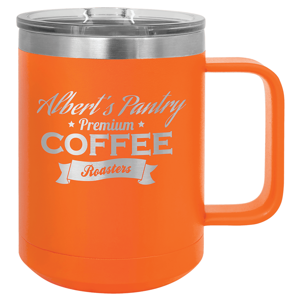 Orange powder-coated 15 oz. insulated coffee mug with a handle, stainless steel rim and clear slider lid, shown with a sample engraving
