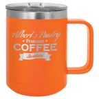 Orange powder-coated 15 oz. insulated coffee mug with a handle, stainless steel rim and clear slider lid, shown with a sample engraving