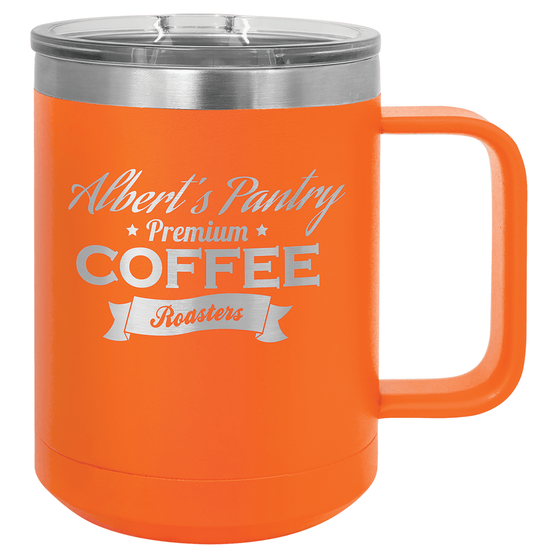 Orange powder-coated 15 oz. insulated coffee mug with a handle, stainless steel rim and clear slider lid, shown with a sample engraving