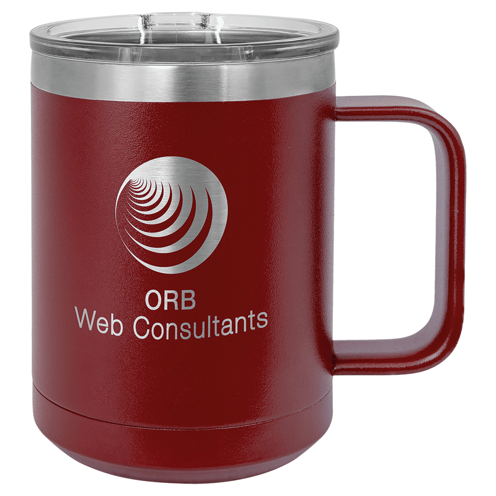 Maroon powder-coated 15 oz. insulated coffee mug with a handle, stainless steel rim and clear slider lid, shown with a sample engraving