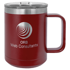 Maroon powder-coated 15 oz. insulated coffee mug with a handle, stainless steel rim and clear slider lid, shown with a sample engraving