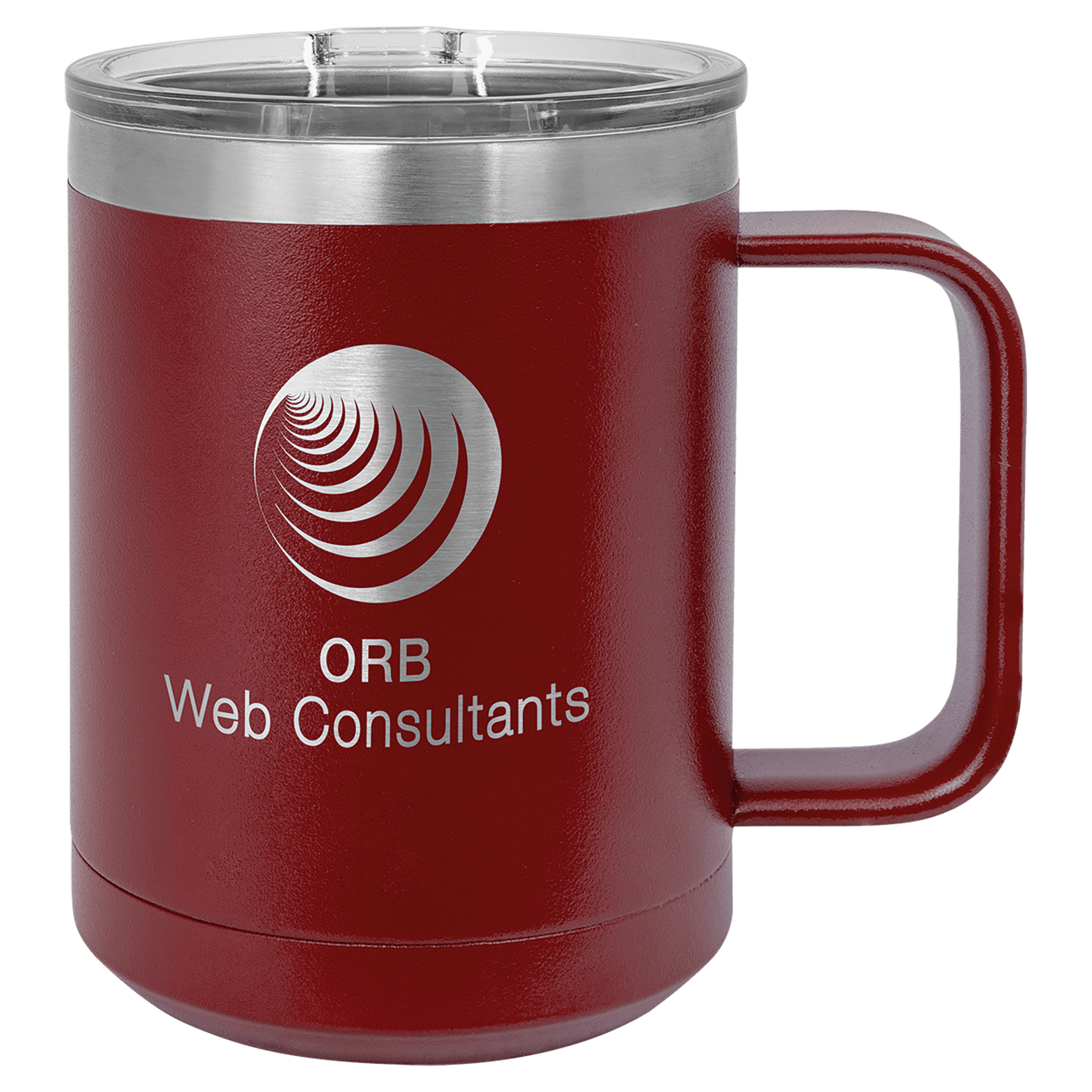 Maroon powder-coated 15 oz. insulated coffee mug with a handle, stainless steel rim and clear slider lid, shown with a sample engraving