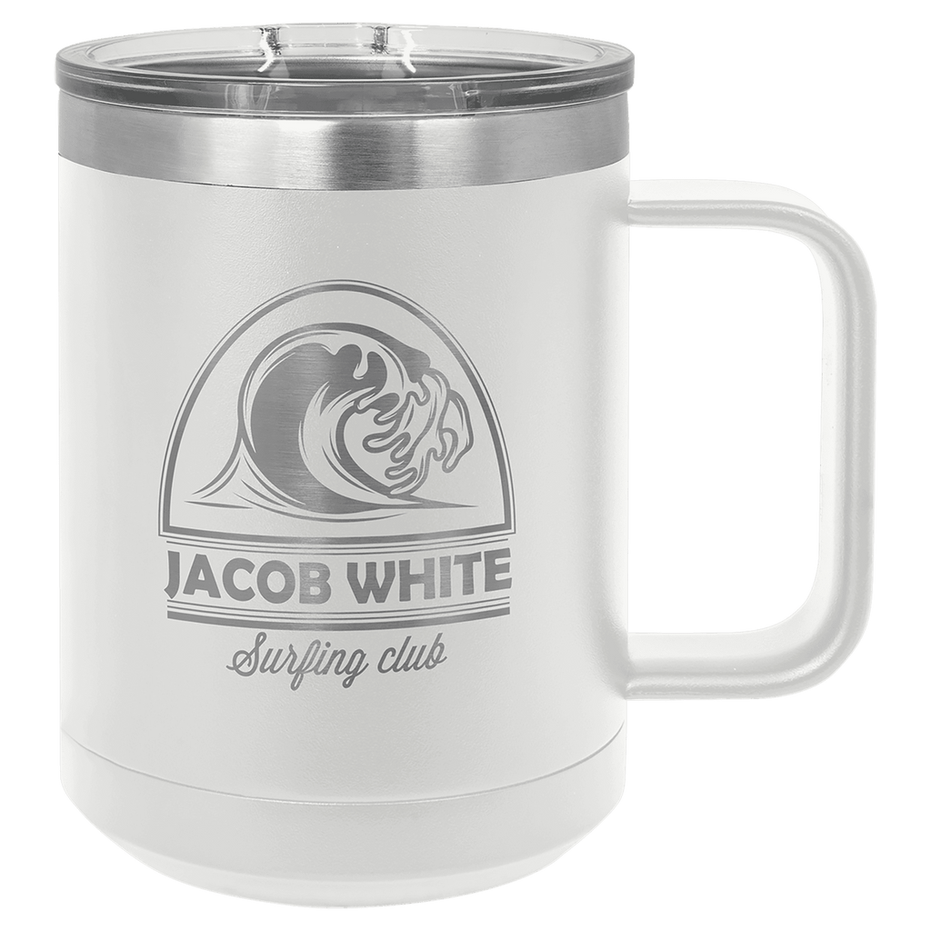 White powder-coated 15 oz. insulated coffee mug with a handle, stainless steel rim and clear slider lid, shown with a sample engraving