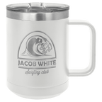 White powder-coated 15 oz. insulated coffee mug with a handle, stainless steel rim and clear slider lid, shown with a sample engraving