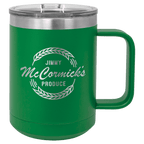 Green powder-coated 15 oz. insulated coffee mug with a handle, stainless steel rim and clear slider lid, shown with a sample engraving