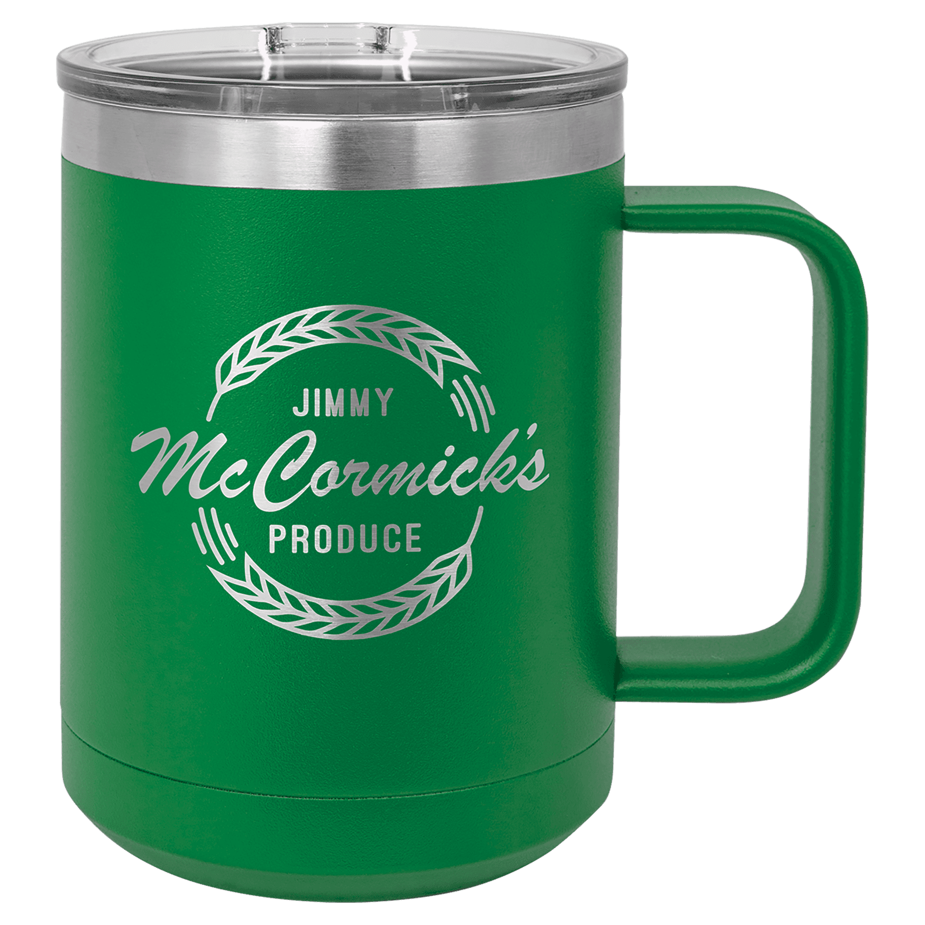 Green powder-coated 15 oz. insulated coffee mug with a handle, stainless steel rim and clear slider lid, shown with a sample engraving