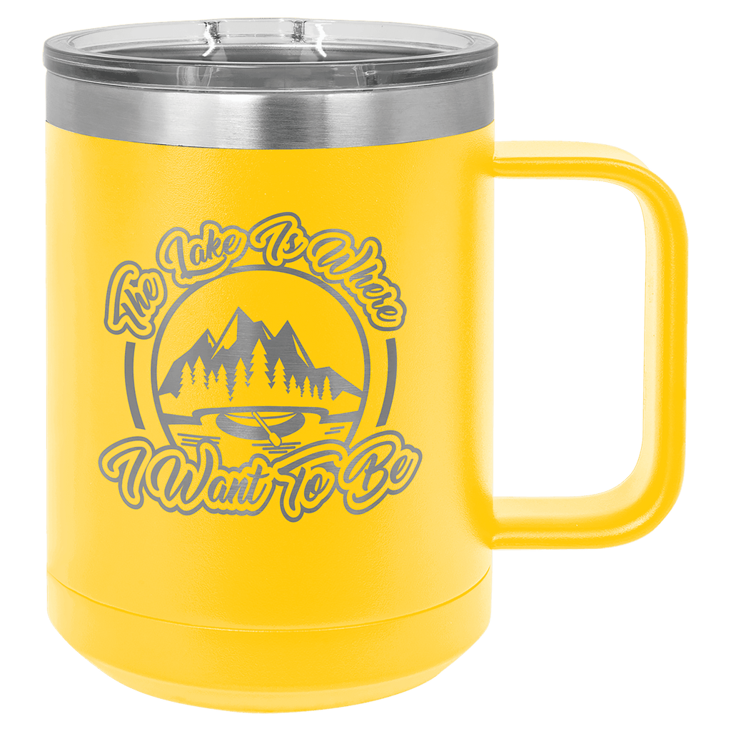 Yellow powder-coated 15 oz. insulated coffee mug with a handle, stainless steel rim and clear slider lid, shown with a sample engraving