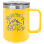 Yellow powder-coated 15 oz. insulated coffee mug with a handle, stainless steel rim and clear slider lid, shown with a sample engraving