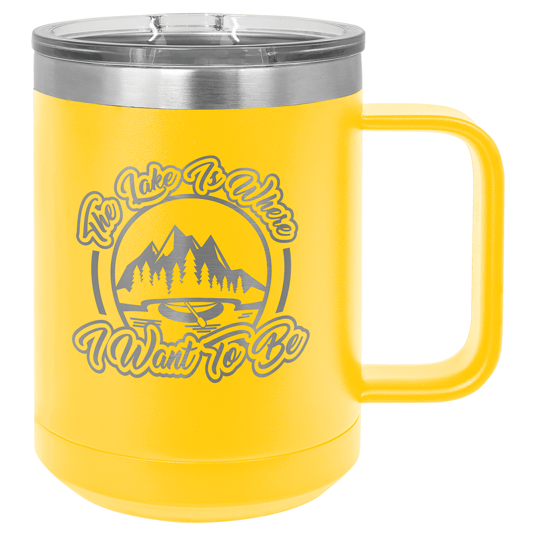 Yellow powder-coated 15 oz. insulated coffee mug with a handle, stainless steel rim and clear slider lid, shown with a sample engraving