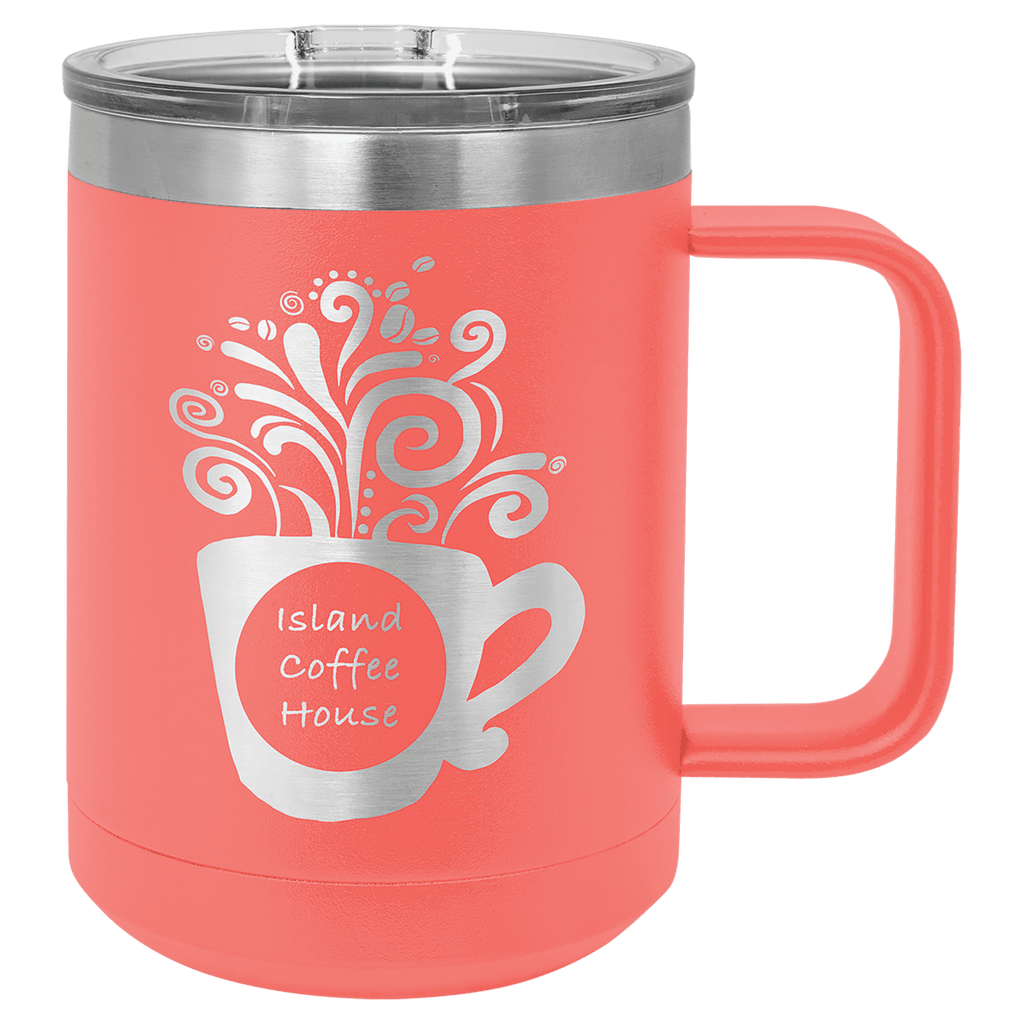 Coral powder-coated 15 oz. insulated coffee mug with a handle, stainless steel rim and clear slider lid, shown with a sample engraving