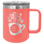 Coral powder-coated 15 oz. insulated coffee mug with a handle, stainless steel rim and clear slider lid, shown with a sample engraving