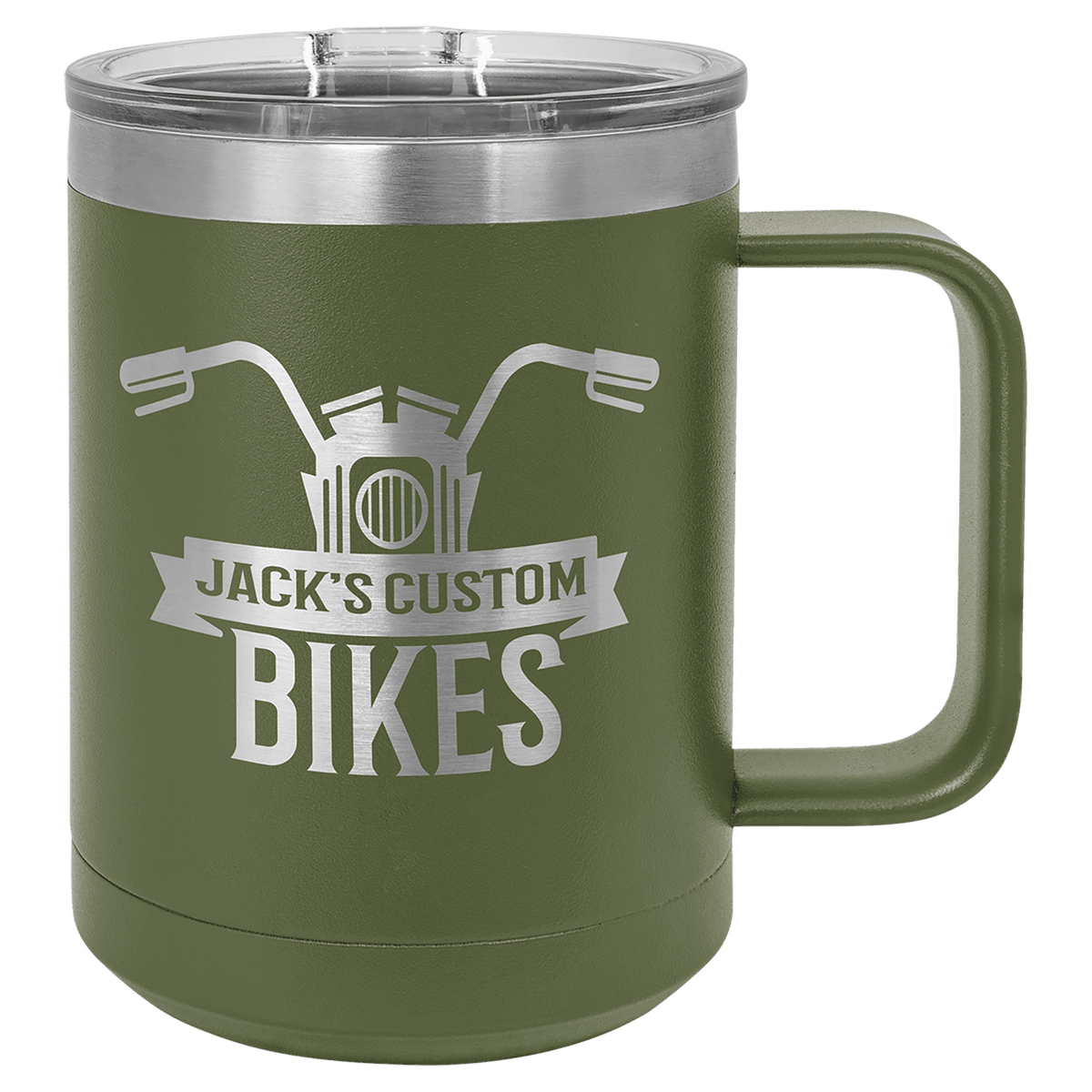 Olive green powder-coated 15 oz. insulated coffee mug with a handle, stainless steel rim and clear slider lid, shown with a sample engraving
