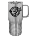 Brushed stainless steel 20 oz. insulated travel mug with a handle and clear slider lid, shown with a sample engraving
