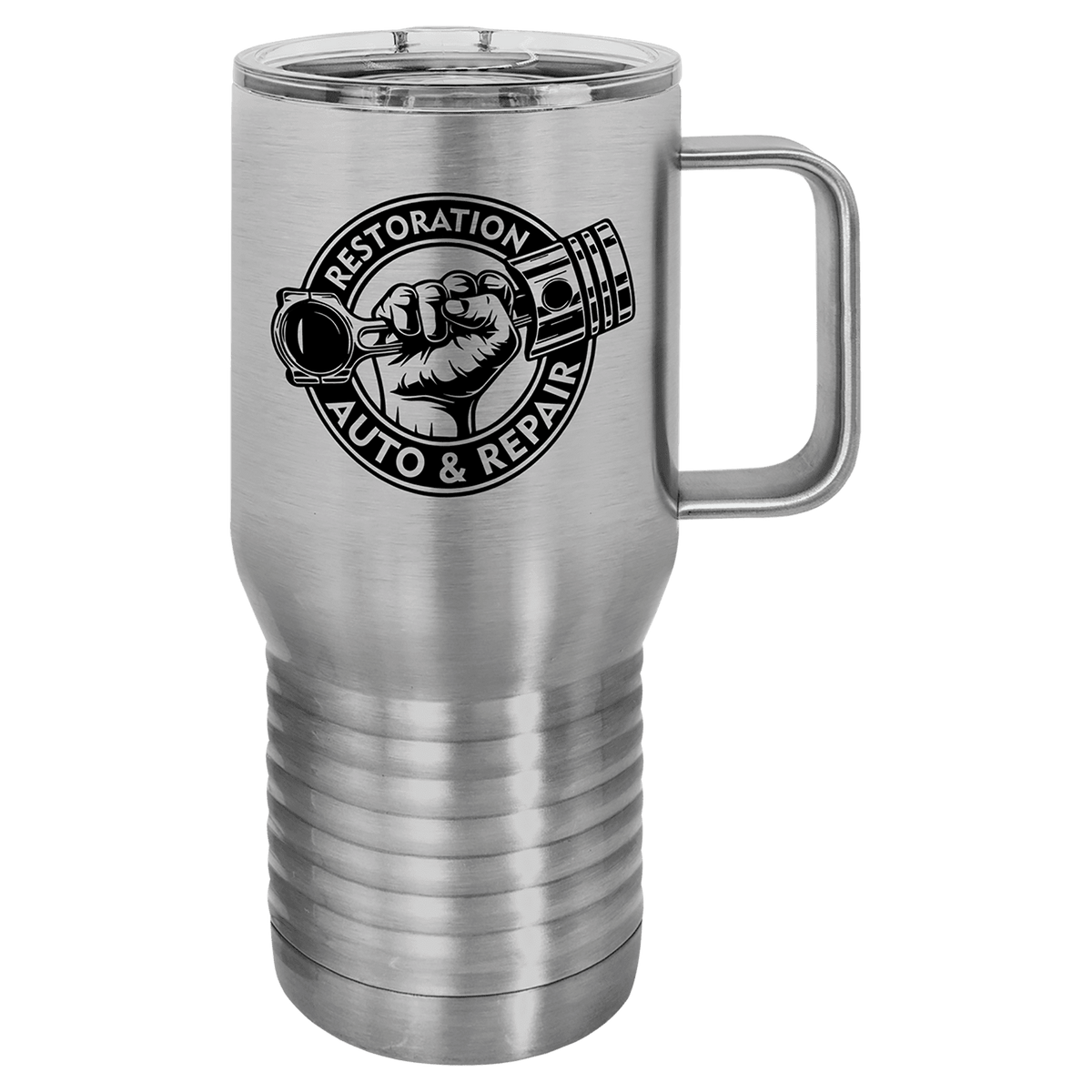 Brushed stainless steel 20 oz. insulated travel mug with a handle and clear slider lid, shown with a sample engraving