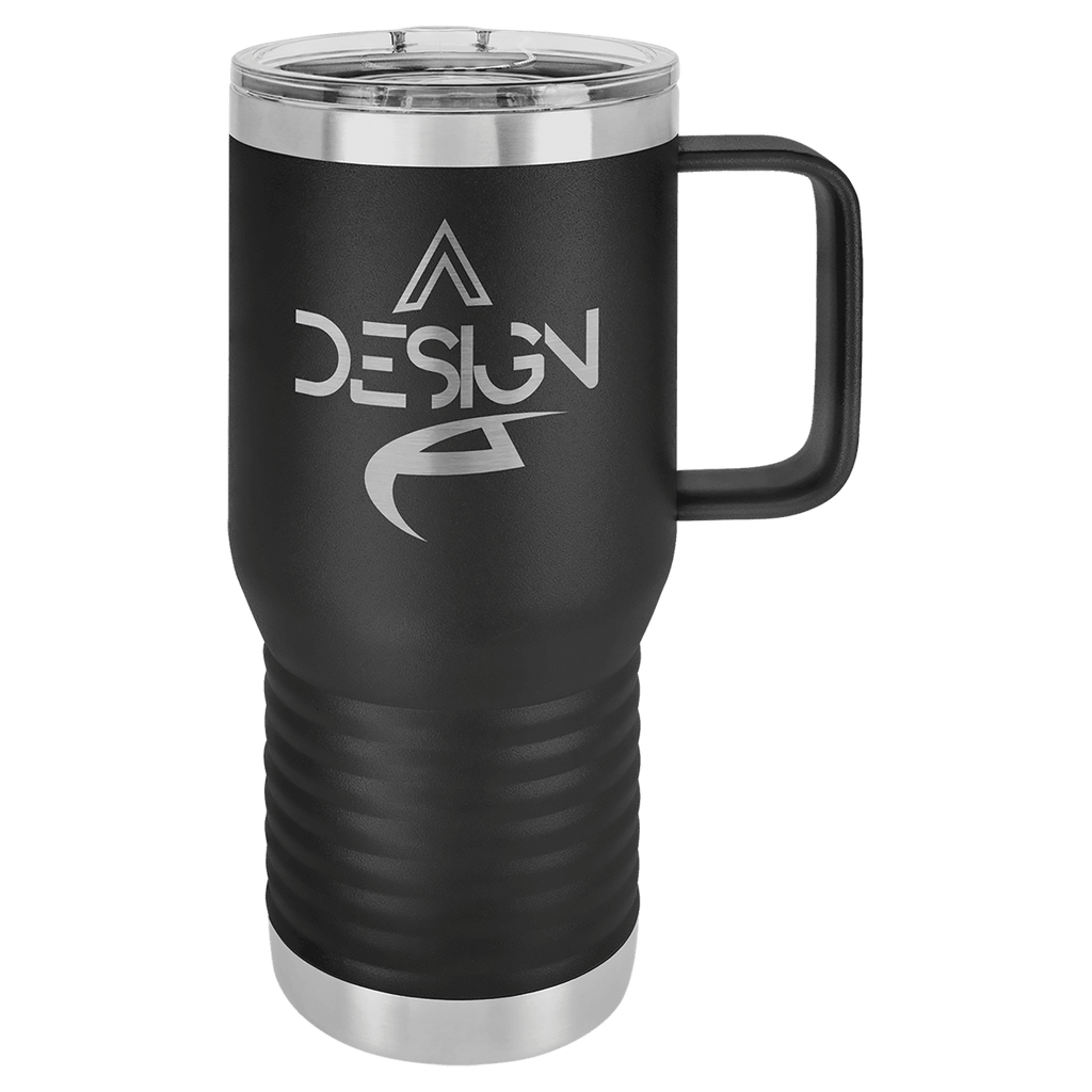 Black powder-coated 20 oz. insulated travel mug with a handle, stainless steel band and clear slider lid, shown with a sample engraving