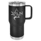 Black powder-coated 20 oz. insulated travel mug with a handle, stainless steel band and clear slider lid, shown with a sample engraving