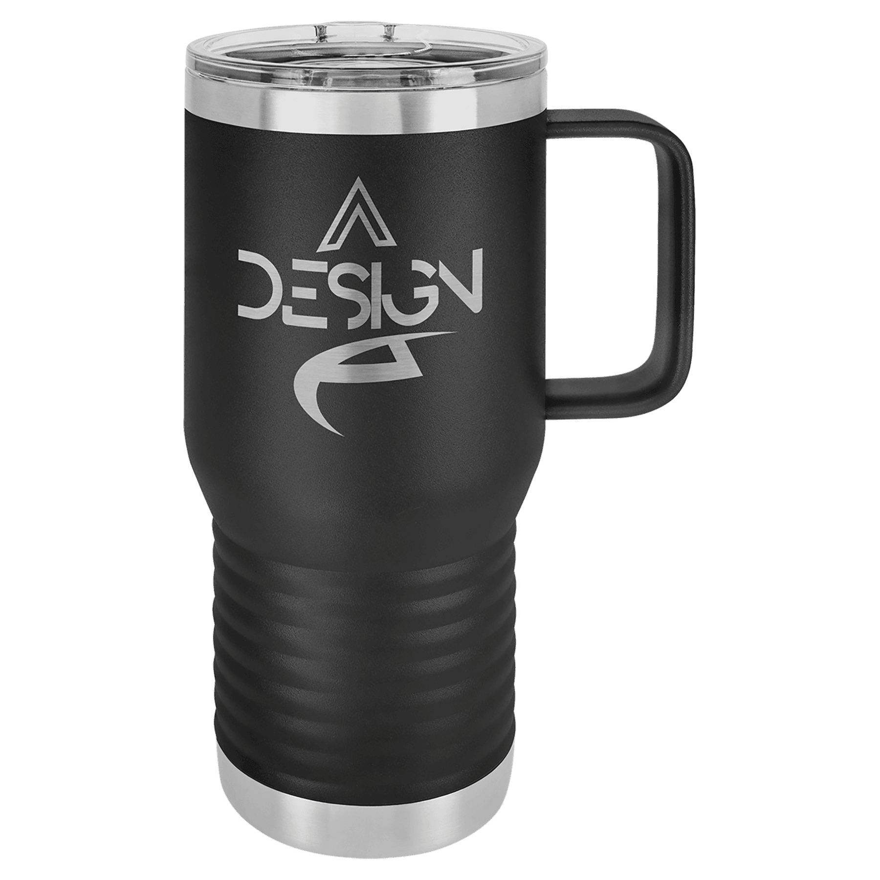 Black powder-coated 20 oz. insulated travel mug with a handle, stainless steel band and clear slider lid, shown with a sample engraving