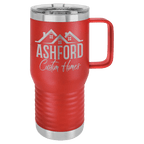 Red powder-coated 20 oz. insulated travel mug with a handle, stainless steel band and clear slider lid, shown with a sample engraving