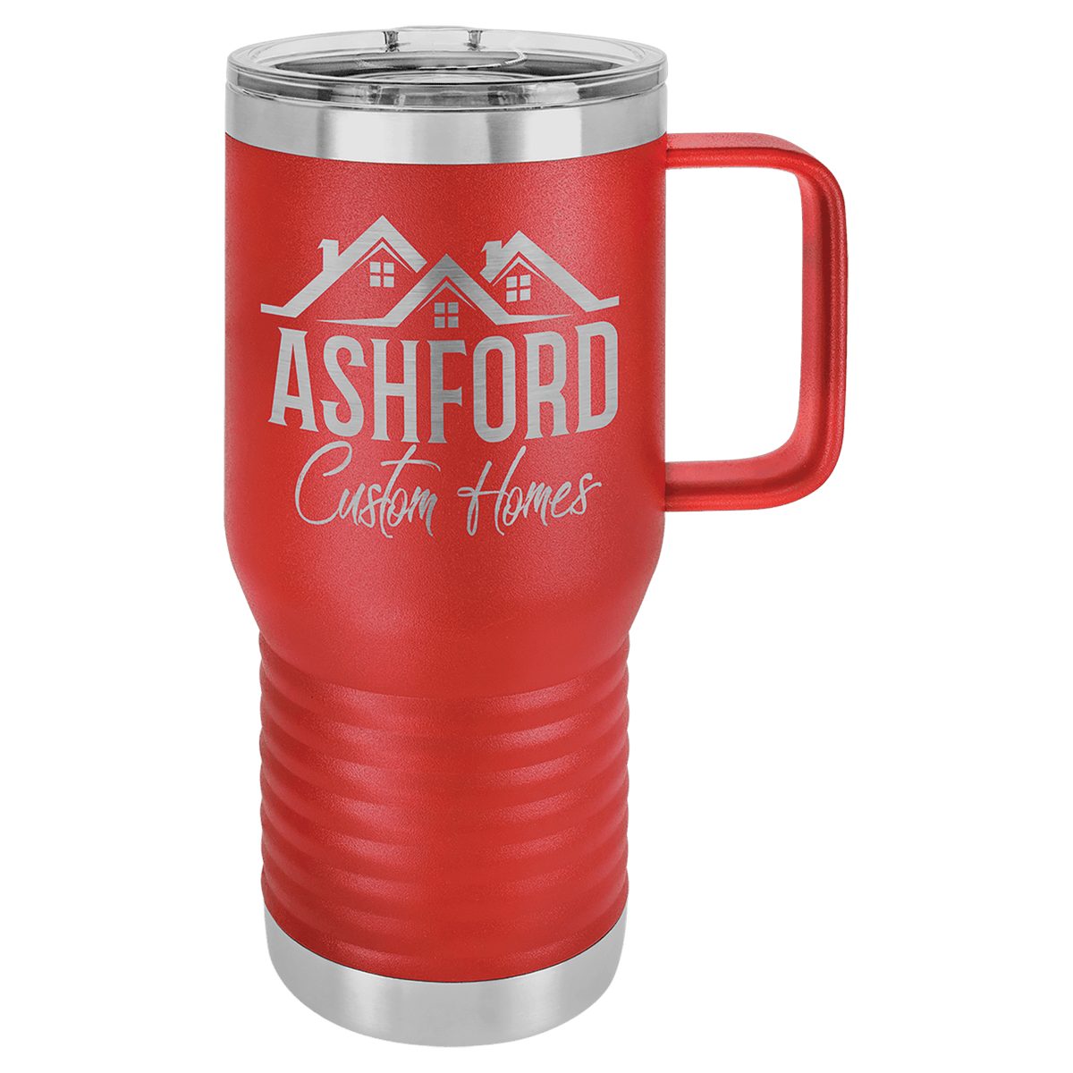 Red powder-coated 20 oz. insulated travel mug with a handle, stainless steel band and clear slider lid, shown with a sample engraving