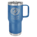 Royal blue powder-coated 20 oz. insulated travel mug with a handle, stainless steel band and clear slider lid, shown with a sample engraving