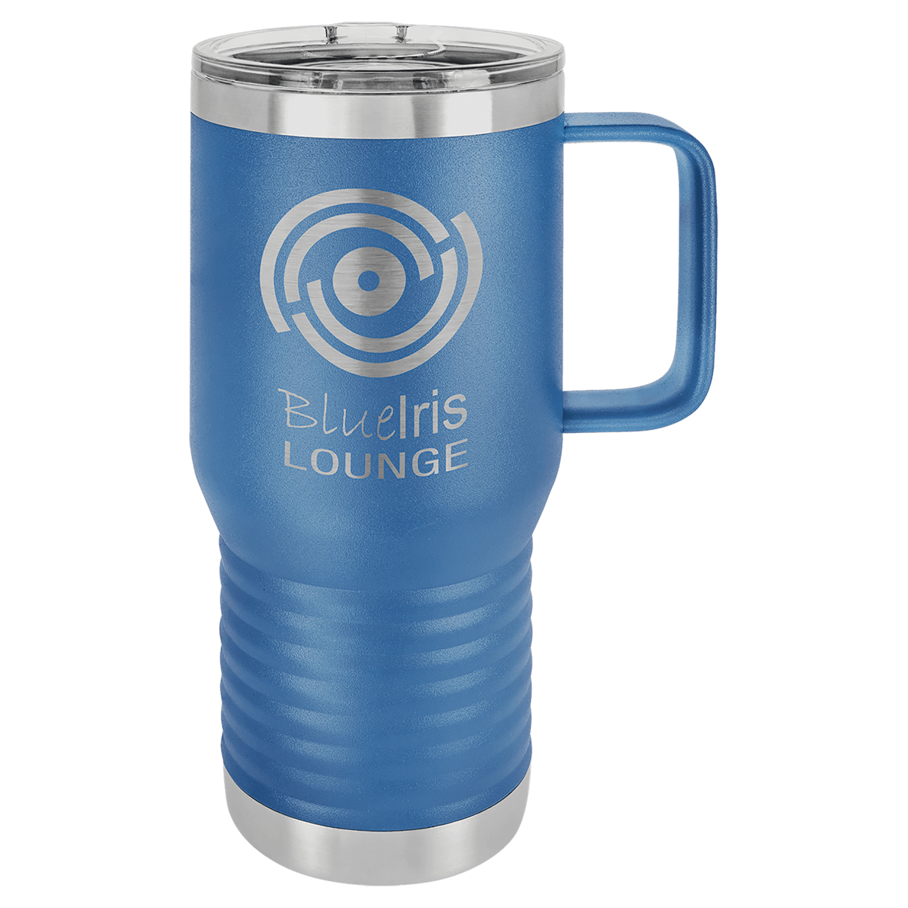 Royal blue powder-coated 20 oz. insulated travel mug with a handle, stainless steel band and clear slider lid, shown with a sample engraving