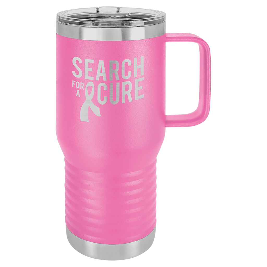 Pink powder-coated 20 oz. insulated travel mug with a handle, stainless steel band and clear slider lid, shown with a sample engraving
