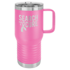 Pink powder-coated 20 oz. insulated travel mug with a handle, stainless steel band and clear slider lid, shown with a sample engraving