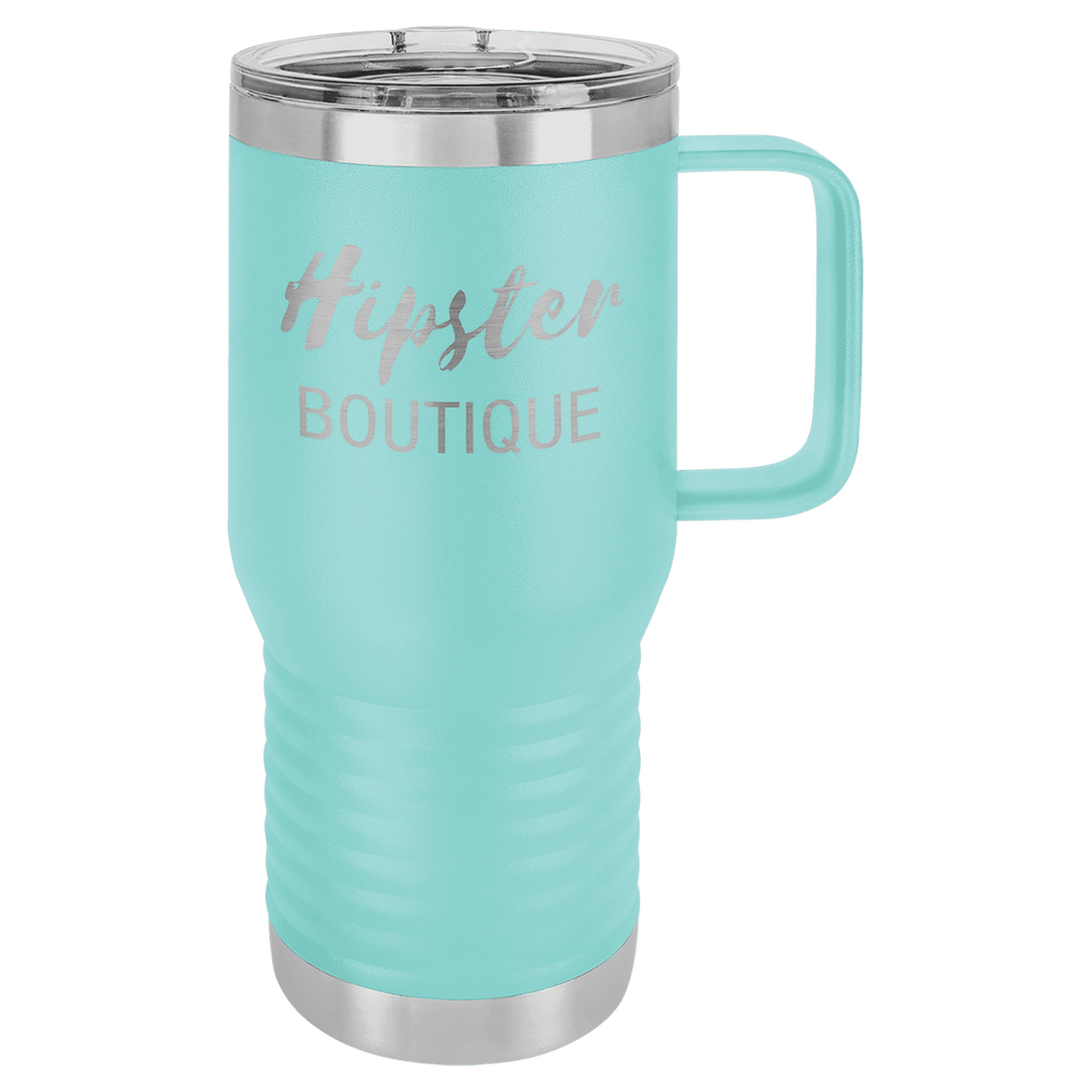 Teal powder-coated 20 oz. insulated travel mug with a handle, stainless steel band and clear slider lid, shown with a sample engraving