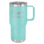 Teal powder-coated 20 oz. insulated travel mug with a handle, stainless steel band and clear slider lid, shown with a sample engraving