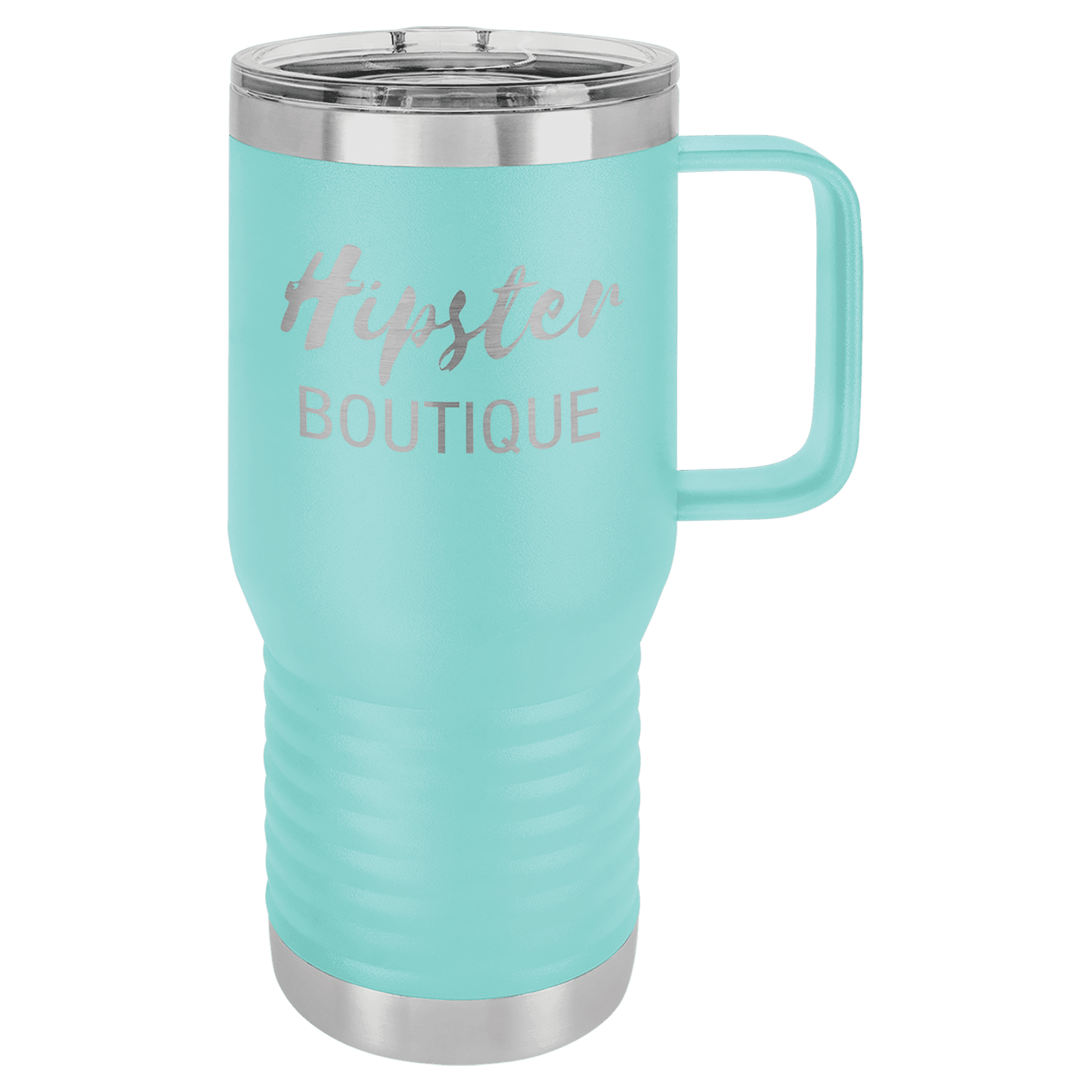 Teal powder-coated 20 oz. insulated travel mug with a handle, stainless steel band and clear slider lid, shown with a sample engraving