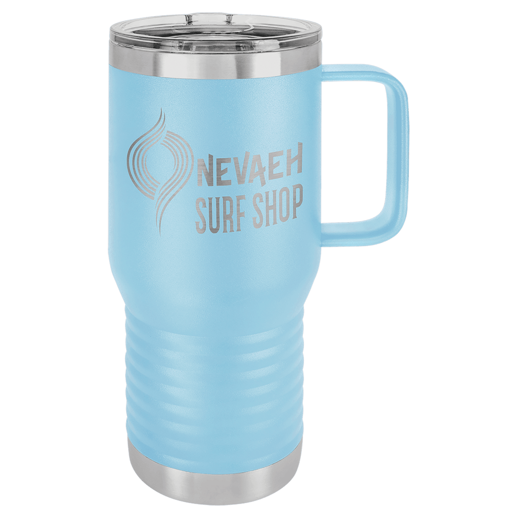 Light blue powder-coated 20 oz. insulated travel mug with a handle, stainless steel band and clear slider lid, shown with a sample engraving