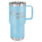 Light blue powder-coated 20 oz. insulated travel mug with a handle, stainless steel band and clear slider lid, shown with a sample engraving