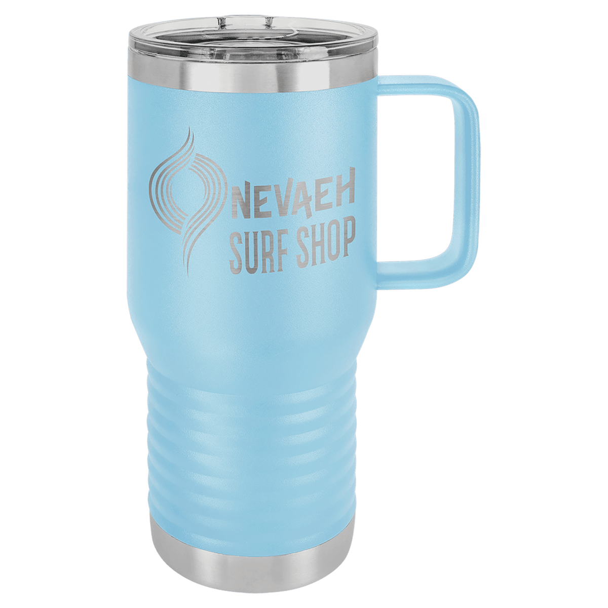 Light blue powder-coated 20 oz. insulated travel mug with a handle, stainless steel band and clear slider lid, shown with a sample engraving