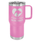 Light purple powder-coated 20 oz. insulated travel mug with a handle, stainless steel band and clear slider lid, shown with a sample engraving
