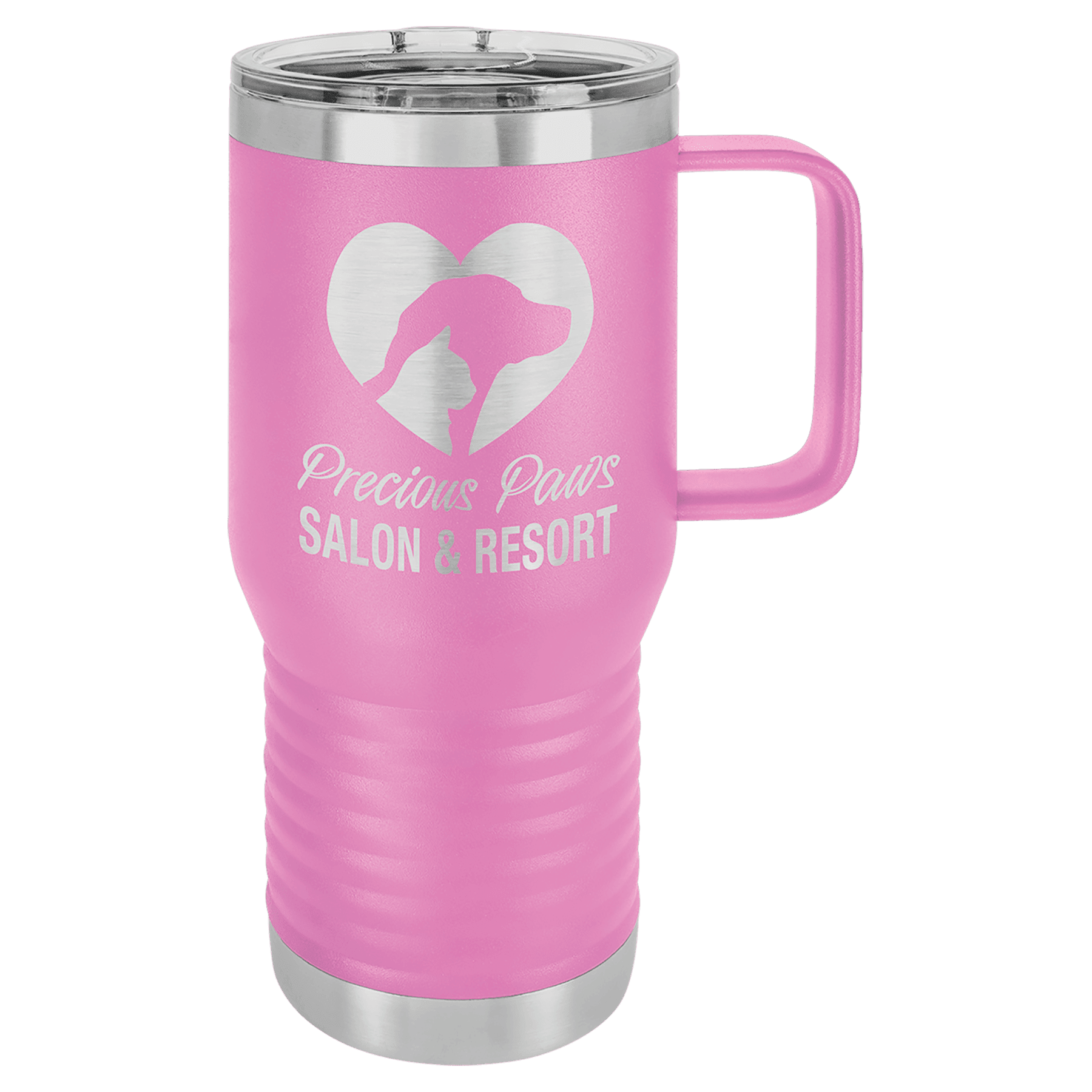 Light purple powder-coated 20 oz. insulated travel mug with a handle, stainless steel band and clear slider lid, shown with a sample engraving