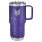 Purple powder-coated 20 oz. insulated travel mug with a handle, stainless steel band and clear slider lid, shown with a sample engraving