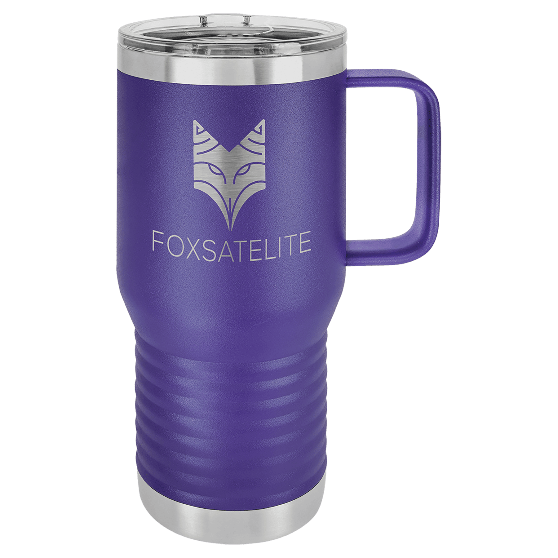 Purple powder-coated 20 oz. insulated travel mug with a handle, stainless steel band and clear slider lid, shown with a sample engraving
