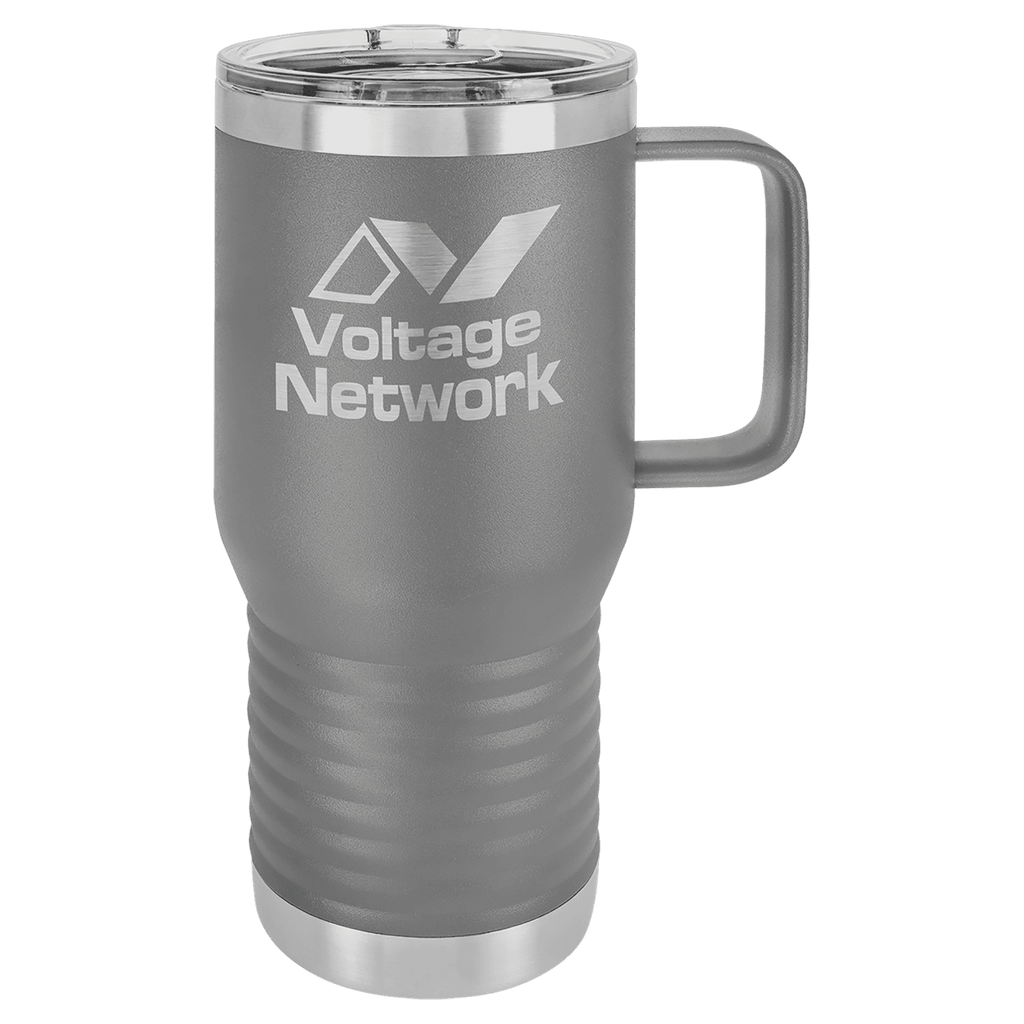 Dark gray powder-coated 20 oz. insulated travel mug with a handle, stainless steel band and clear slider lid, shown with a sample engraving