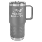 Dark gray powder-coated 20 oz. insulated travel mug with a handle, stainless steel band and clear slider lid, shown with a sample engraving