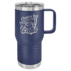 Navy blue powder-coated 20 oz. insulated travel mug with a handle, stainless steel band and clear slider lid, shown with a sample engraving