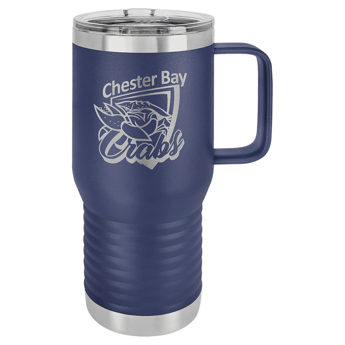 Navy blue powder-coated 20 oz. insulated travel mug with a handle, stainless steel band and clear slider lid, shown with a sample engraving