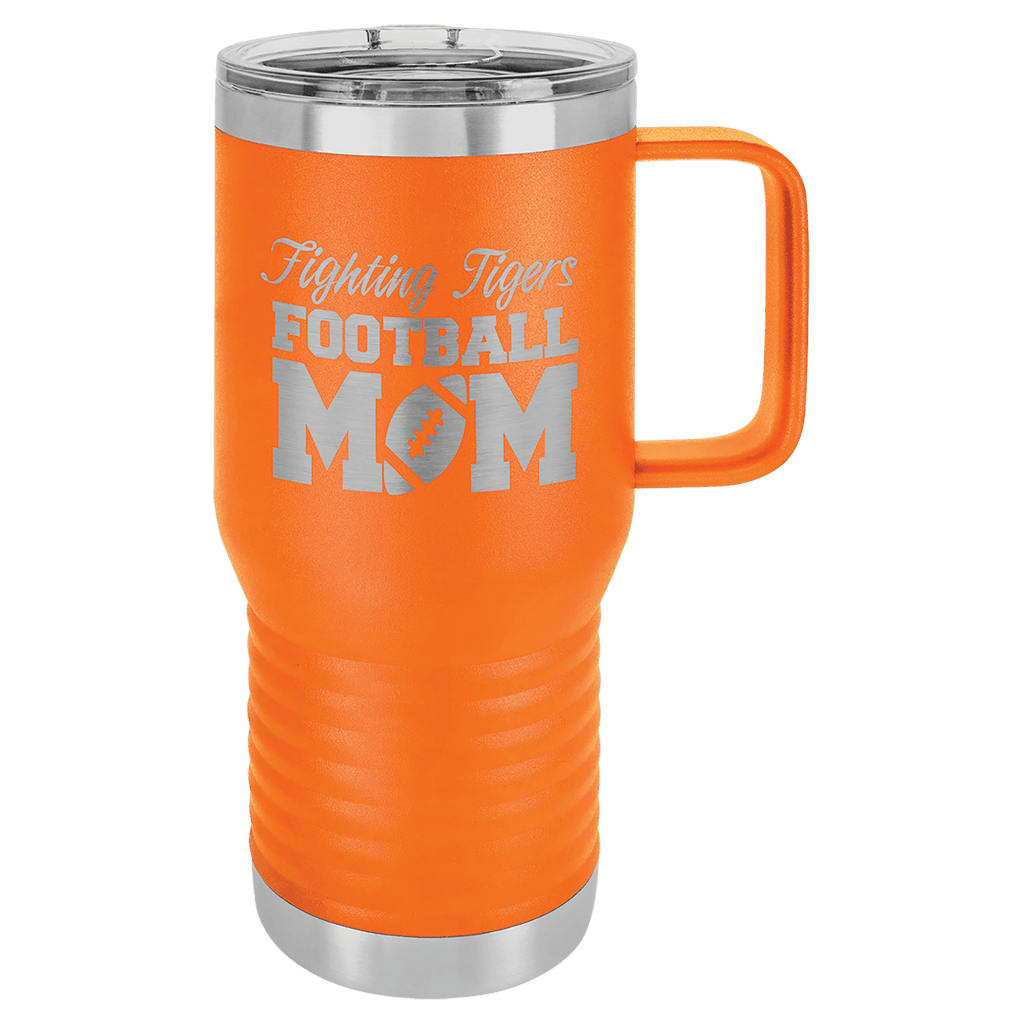 Orange powder-coated 20 oz. insulated travel mug with a handle, stainless steel band and clear slider lid, shown with a sample engraving