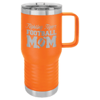 Orange powder-coated 20 oz. insulated travel mug with a handle, stainless steel band and clear slider lid, shown with a sample engraving