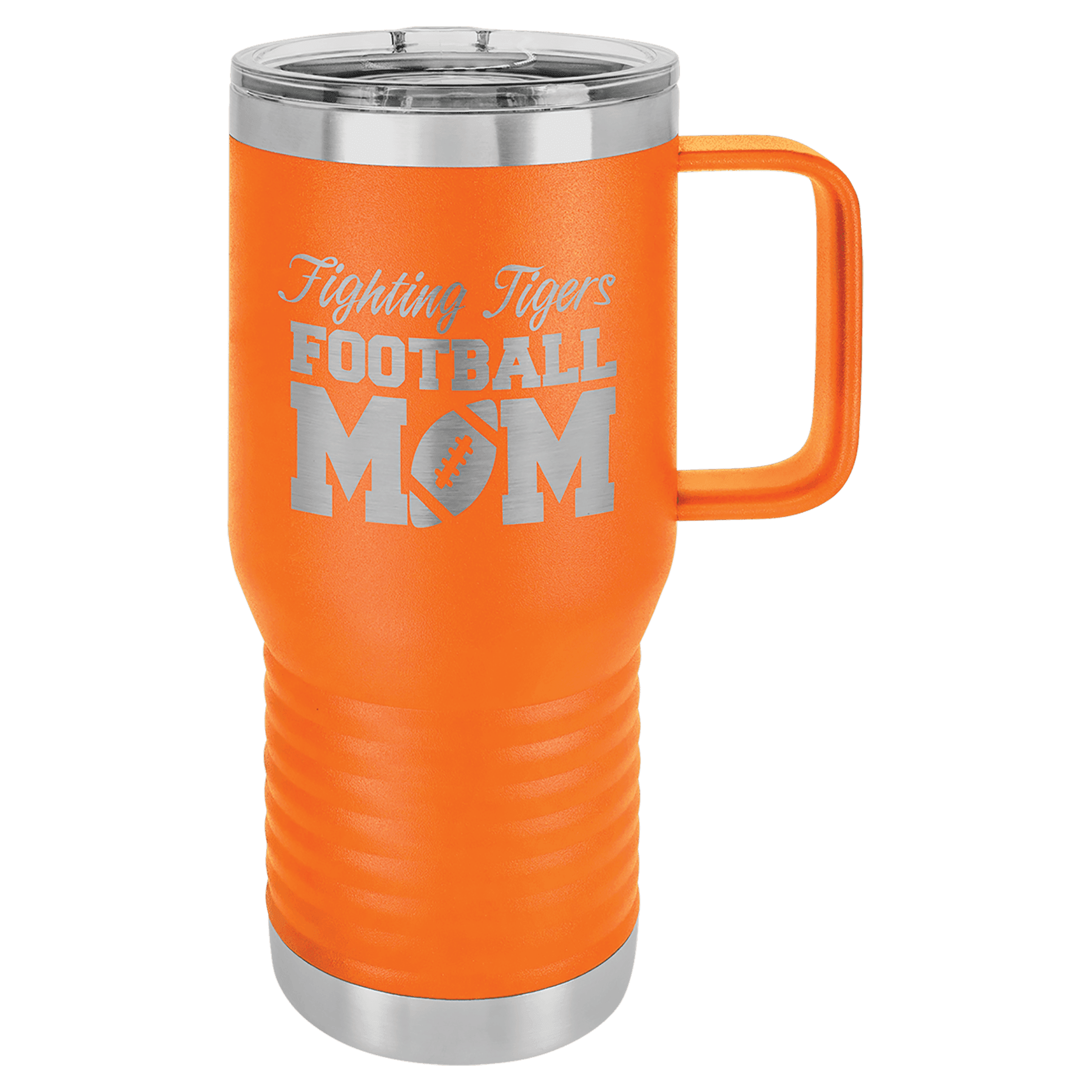 Orange powder-coated 20 oz. insulated travel mug with a handle, stainless steel band and clear slider lid, shown with a sample engraving