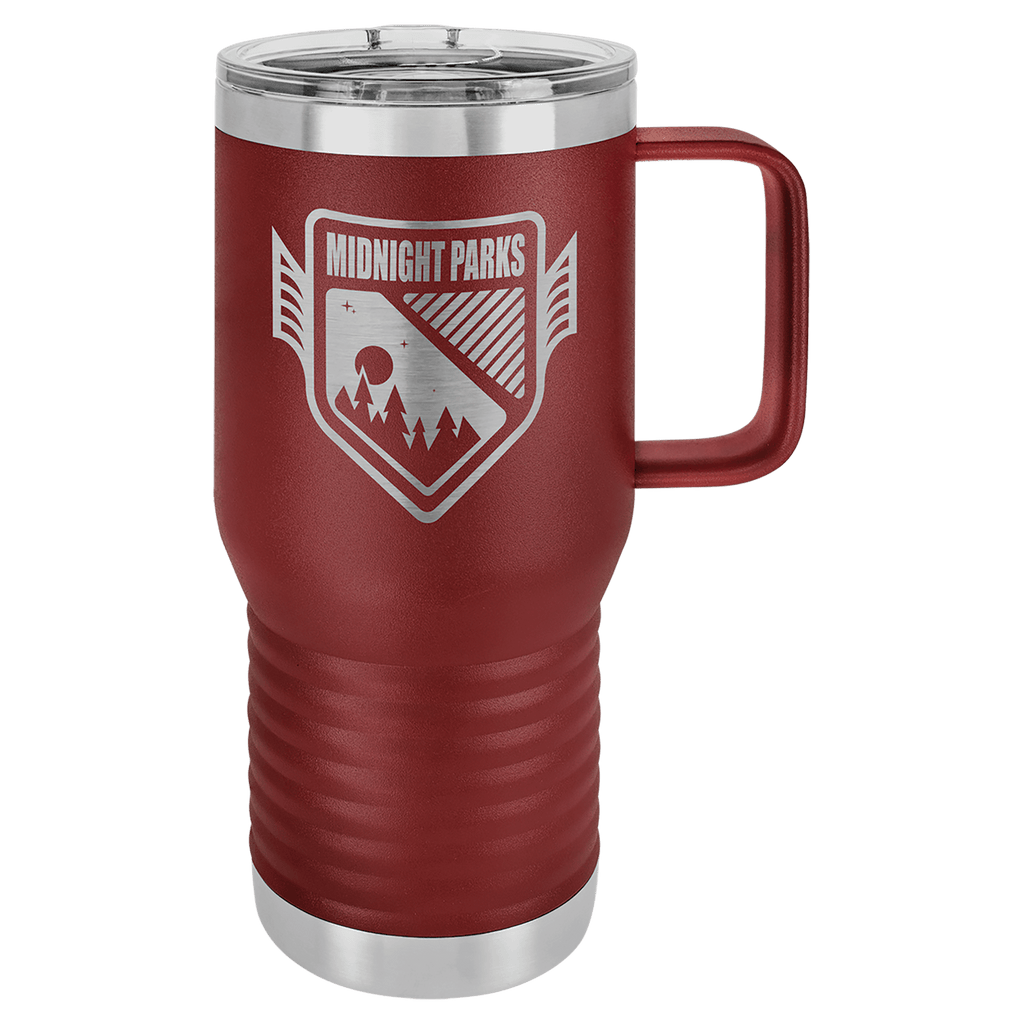 Maroon powder-coated 20 oz. insulated travel mug with a handle, stainless steel band and clear slider lid, shown with a sample engraving