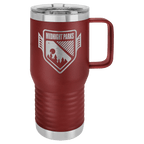 Maroon powder-coated 20 oz. insulated travel mug with a handle, stainless steel band and clear slider lid, shown with a sample engraving