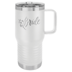 White powder-coated 20 oz. insulated travel mug with a handle, stainless steel band and clear slider lid, shown with a sample engraving